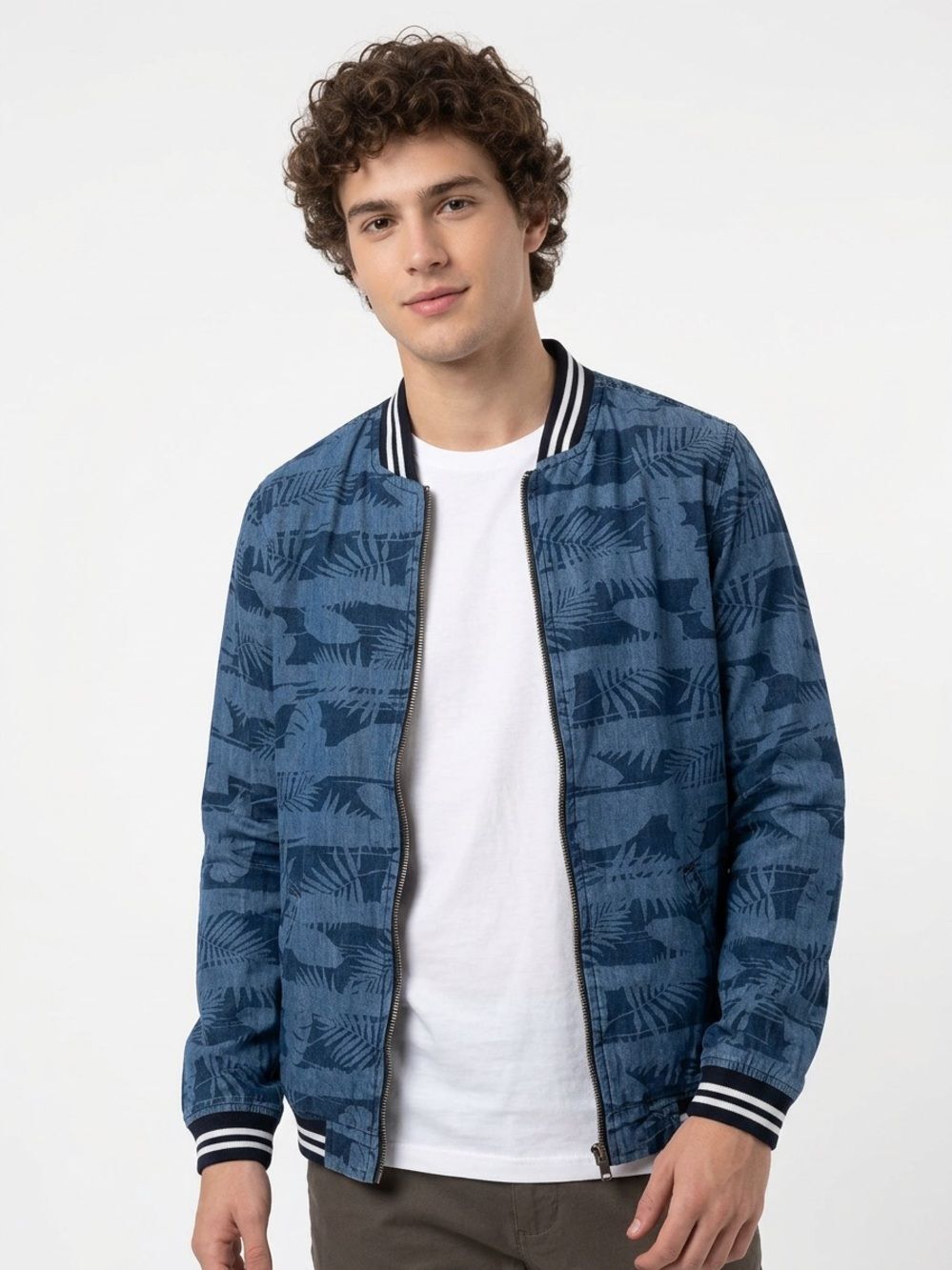 Marfinno Denim Men's Blue Patterned Bomber Jacket Small - Casual Zip Front